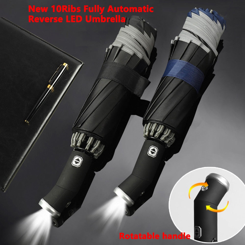 Fully Automatic Reverse Folding Umbrella With LED Flashlight